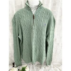 Polo Ralph Lauren Sweater Men's 2XL Green Cable 100 % Tussah Silk Half Zip Golf